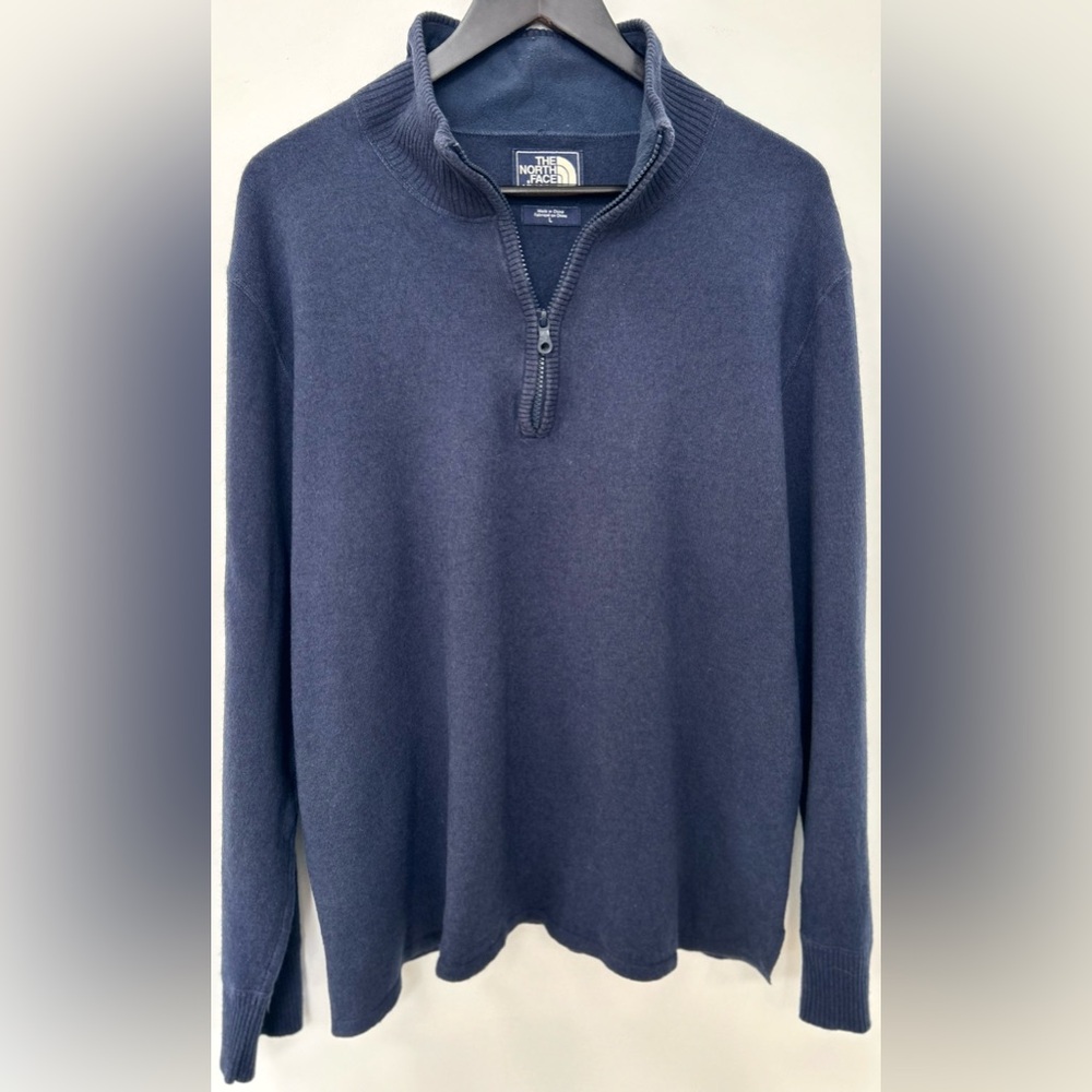 The North Face Men’s 1/4 Zip Sweater Large Navy Wool Blend Pullover - Picture 2 of 6